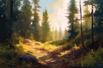 serene forest path leading into the distance. Generative AI
