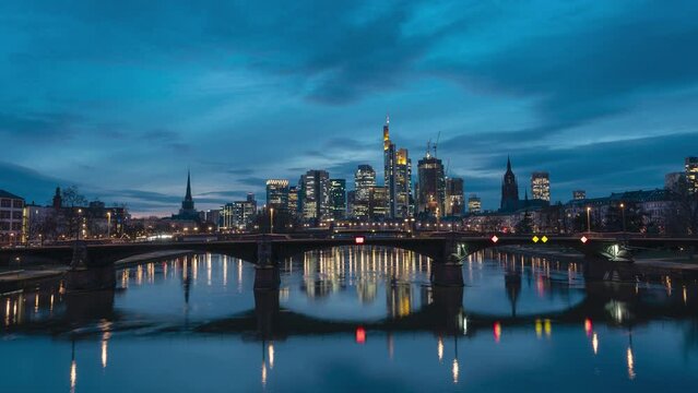 Frankfurt Germany, Skyline at blue hour, Frankfurt am Main in 4k. View of skyscraper in the city center. Time-lapse video