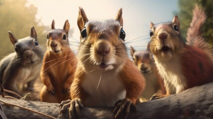 a group of squirrels taking a selfie. Created with Generative AI. - obrazy, fototapety, plakaty