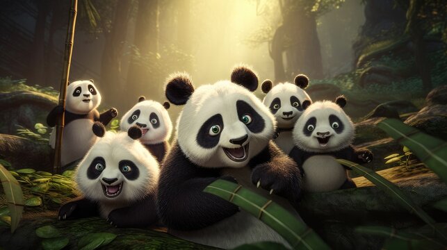 A group of panda bears taking a selfie. Created with Generative AI.