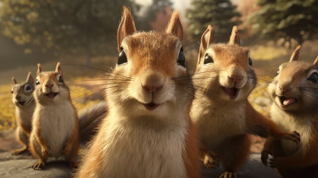 a group of squirrels taking a selfie. Created with Generative AI.