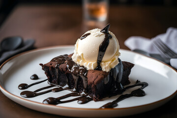A warm and gooey chocolate brownie with a vanilla ice cream ball - obrazy, fototapety, plakaty