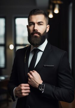 handsome man in black suit, black shirt, black tie, looking straight ahead, buttoning his buttonhole, bushy beard, in a luxury office