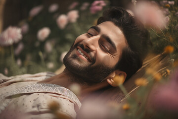 Beautiful portrait photo of a man lying in a flower field smiling