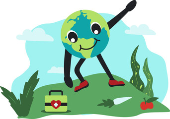 World Health Day - Earth Character Doing Exercise In Nature With Medical Kit Illustration For Banner, Advertissing and Poster