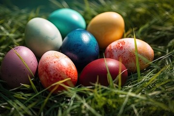 Fototapeta na wymiar colorful Easter eggs in the green grass. Generative AI