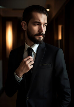 handsome man in black suit, black shirt, black tie, looking straight ahead, bushy beard, in a luxury office