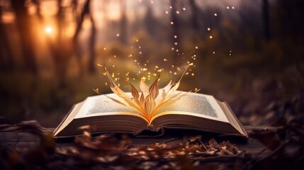 An open book with fantasy elements, outdoors. Generative AI. 