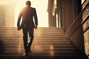 Businessman wearing suit, walking up the stairs, leadership, hard worofficeking, business challenges, professional offcie worker