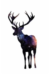 A fantasy illustration of a buck with antlers with the galaxy, on a white background.. Generative AI. 