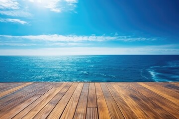 Wooden Deck with Ocean View on a Sunny Da. Generative AI