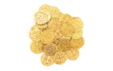 Replica Golden Coin Pirate Treasures Isolated on a White Background