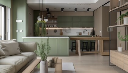 Modern house interior of living room and a kitchen in beige and green colors. Generative ai