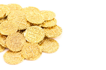 Replica Golden Coin Pirate Treasures Isolated on a White Background
