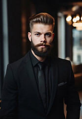 handsome man in black suit, black shirt, black tie, looking straight ahead, bushy beard, in a luxury office