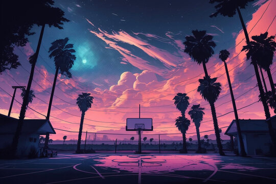 Pink Orange Purple Sunset Palm Trees Moon Outdoor Basketball Court Generative AI