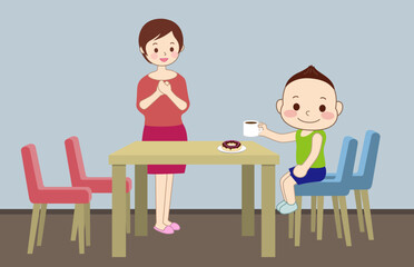 おやつの時間。少年とドーナッツ、ココア。見守るママ