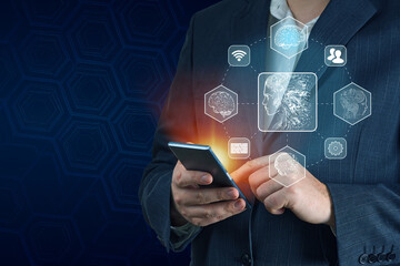 AI, Chat bot and future marketing concept, businessman hand holding cellphone, smartphone with ai...