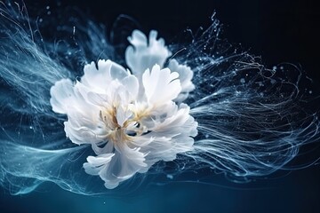 white flower suspended in mid-air against a dark background. Generative AI