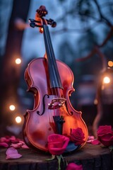 A magically hovering violin with falling rose petals in a romantic setting. Generative AI. 
