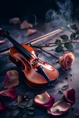 A beautiful violin with falling rose petals in a romantic setting. Generative AI. 