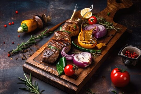 Meat skewer shish kabob. Grilled lamb and beef with veggies, onions, peppers. Savory meal on a cutting board.