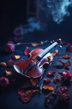 A beautiful violin with falling rose petals in a romantic setting. Generative AI. 