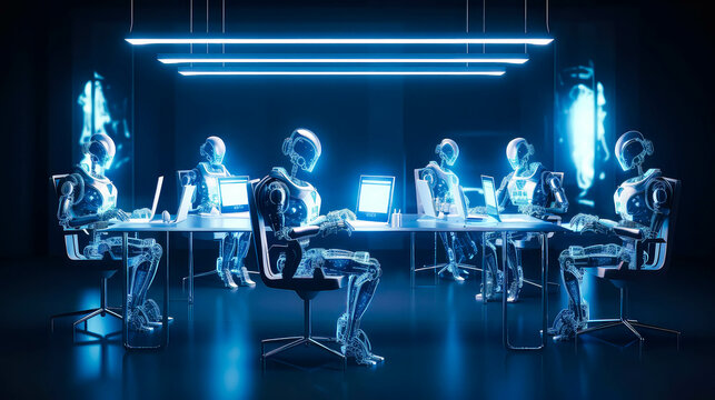 Ai robots working computer in an office.Customer service with robot ai.Generative ai.