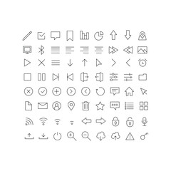 Set of Media and Web icons in line style. Vector illustration. UI UX interface icons. User, profile, message, document file, social media, button, home, chat, arrow, collection.