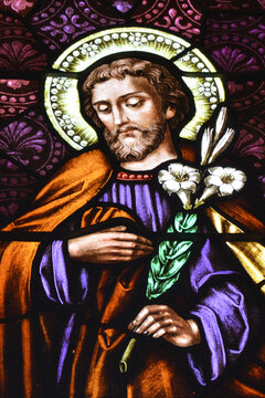 Colorful stained glass from The Cathedral Basilica of St. Joseph depicting Jesus