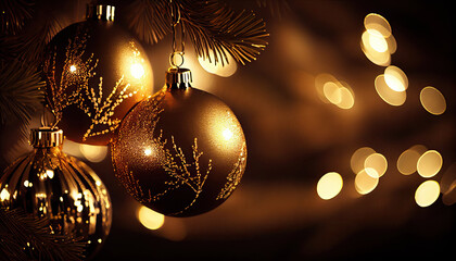 Golden Christmas balls hanging on fir tree against blurred festive lights with Generative AI Technology