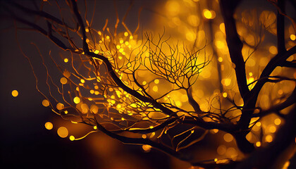 tree branches with glowing yellow Christmas light as background, closeup with Generative AI Technology