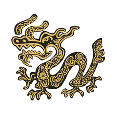 Dragon, monster in Khokhloma painting style, black and gold, vector illustration