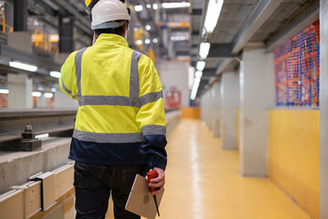Obraz premium Project Engineer train Inspect the train's diesel engine, railway track in depot of train