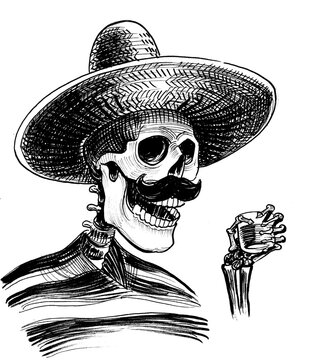 Dead Mexican drinking a shot of tequila. Ink black and white drawing