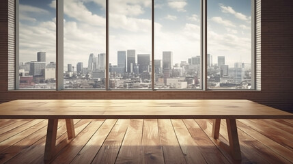 Fototapeta na wymiar Empty wooden table with large window view through cityscape background. Concept of building office or condominium outside perspective Generative AI