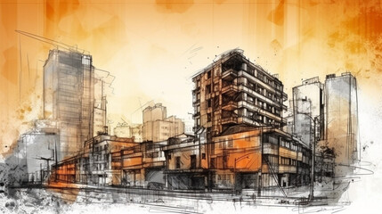 Sketch and real mix urban cityscape scene development Generative AI - obrazy, fototapety, plakaty
