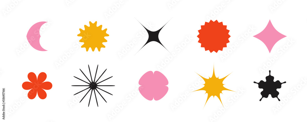 Poster abstract stars and flowers shapes collection. primitive geometric forms in swiss or bauhaus style. b