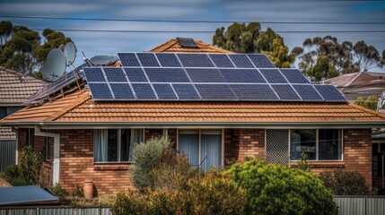 Solar Panels on a house roof in Australia - Renewable Energy -  Generative AI Illustration