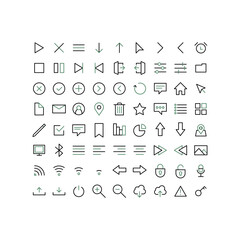Set of Media and Web icons in line style. Vector illustration. UI UX interface icons. User, profile, message, document file, social media, button, home, chat, arrow, collection.