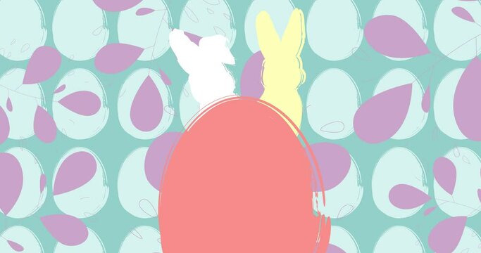 Easter greeting animation background with rabbit eggs and leaves. Elegant Holiday cartoon design. Painted bunny and egg. Modern minimal video in pastel colors.