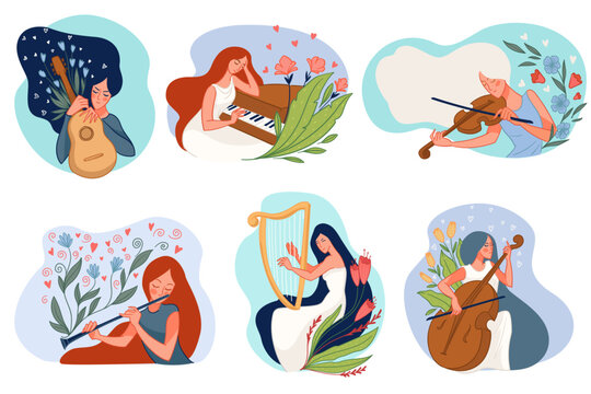 Women playing string and wind instruments vector