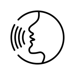 Voice recognition concept. Voice control black line icon.Speaking icon vector. Talk person sign or symbol , man with open mouth and sound wave , Voice command, Voice recognition, speech icon.