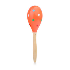 Wooden colored baby rattle isolated on a white background. Bright maracas for a child. Toys for concentration of attention