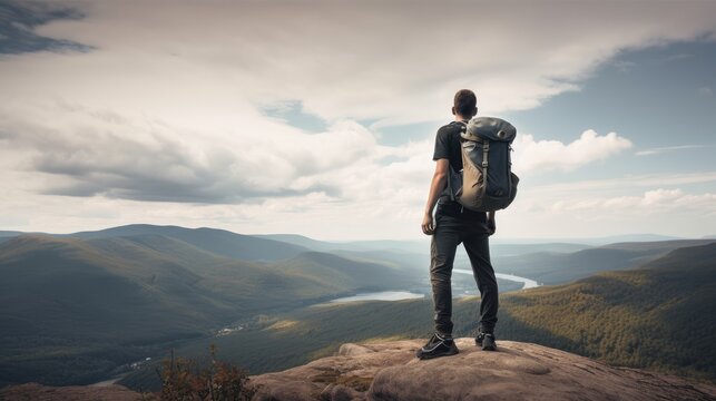 man standing on top of a mountain with a backpack on his back standing at the edge of a cliff looking at the magnificent view. Generative AI