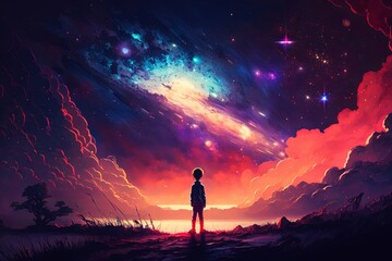 Fototapeta premium boy looking for a colorful galaxy in the sky. Generative Ai 