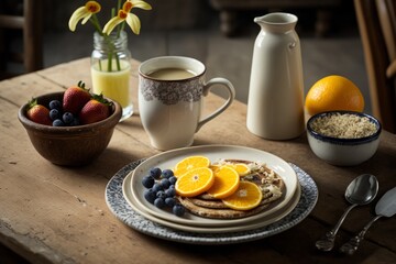 AI GENERATIVE, healthy breakfast, with oatmeal, orange juice and coffee, at the kitchen table