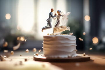 3d model couple of bride and grooom doing activities on the top of wedding cake with blurry bokeh around them. generative AI