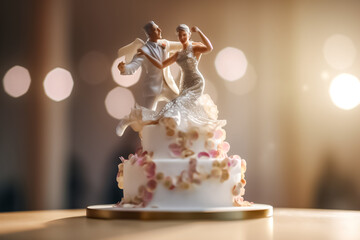 3d model couple of bride and grooom doing activities on the top of wedding cake with blurry bokeh around them. generative AI