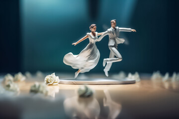 3d model couple of bride and grooom doing activities on the top of wedding cake with blurry bokeh around them. generative AI